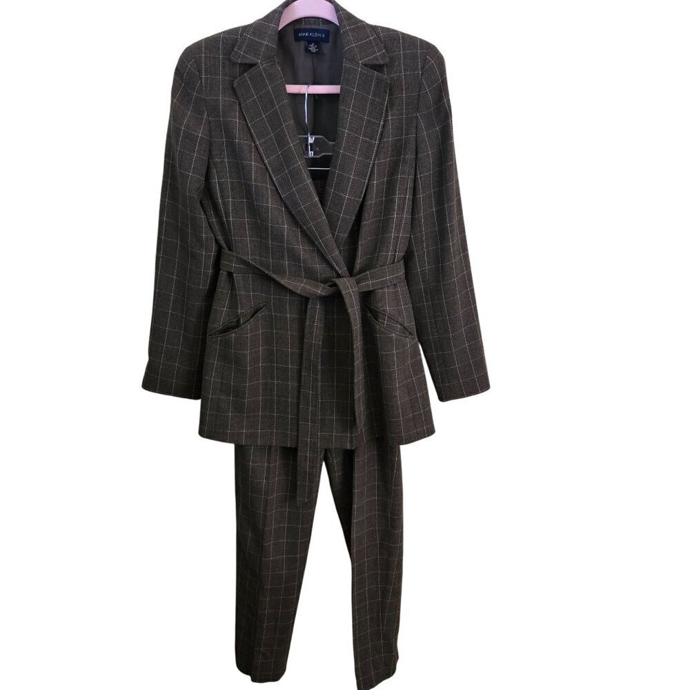 Anne Klein Vintage Brown Windowpane Plaid Wool Tie Front Blazer Pant Suit Size 4